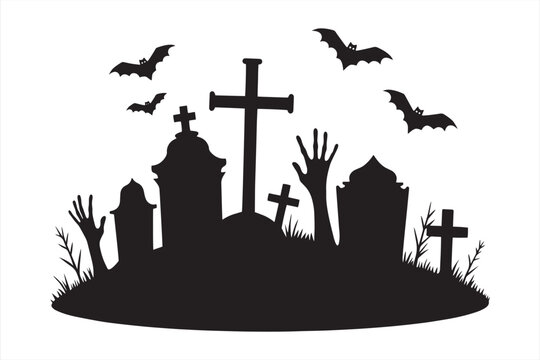 black halloween graveyard scene with bats clip art preview