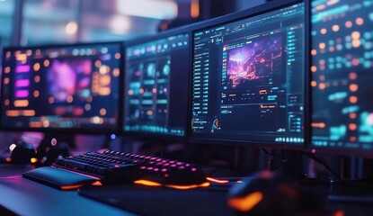 A close-up of an advanced gaming setup with multiple monitors displaying vibrant game graphics, surrounded by neon lights and futuristic mouse and keyboard equipment. 