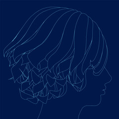 Outline of a head of a sweet lady. A girl shows a hairstyle of a woman on medium hair. Suitable for logo, advertising. Side view. Vector illustration.