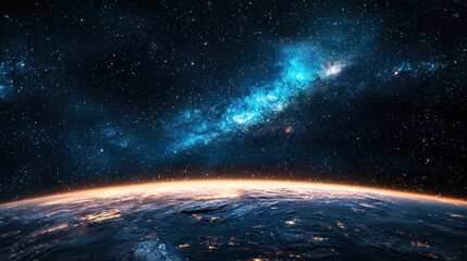 Fototapeta premium Cosmic Earthrise: A Night-Time View of Planet Earth from Space, Showcasing the Milky Way Galaxy and City Lights