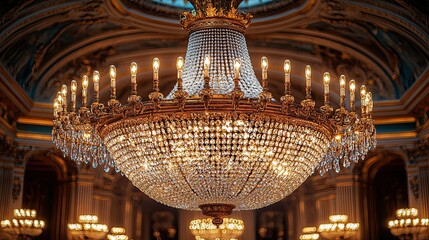Obraz premium A grand chandelier adorned with crystals and lights, enhancing the elegance of its surroundings.