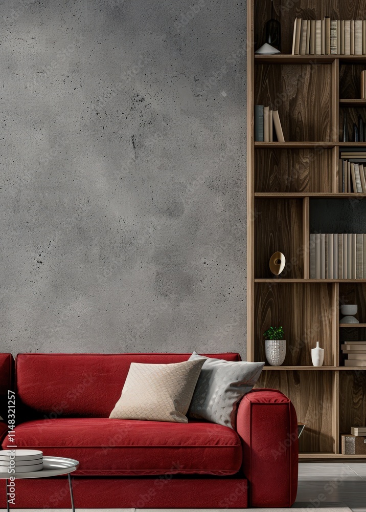 Poster a red sofa with pillows sits in front of a bookshelf and a concrete wall