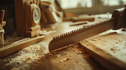 Close-up of a saw cutting wood in a workshop.