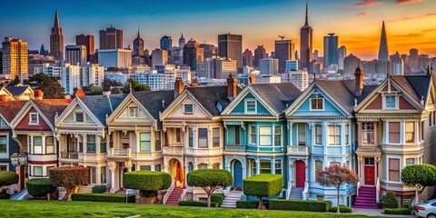 Obraz premium San Francisco Painted Ladies Victorian Houses, Iconic Row Houses, Colorful Architecture, Alcatraz Island View, California Landmark, Postcard View, Cityscape Photography