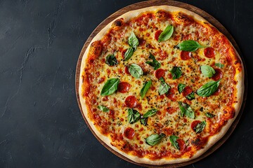 National Pizza Day Delicious Pepperoni Pizza with Basil Italian Food Overhead Shot