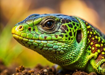 Fototapeta premium Sand Lizard Breeding Season Close-up, Lacerta agilis, Reptile, Reptilian Skin Texture, Vivid Colors, Wildlife Photography, Nature, Poland, Zoology, Herpetology