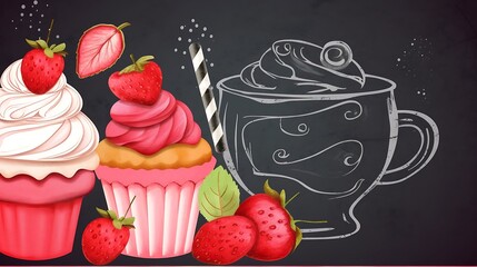 Delicious Cupcakes Strawberries and a Creamy Drink