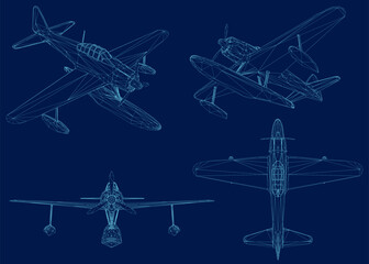 Wireframe plane set vector illustration. Landing on water. 3D.