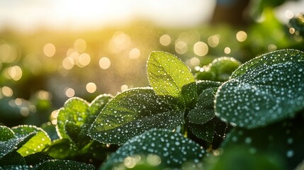 Fresh Green Leaves with Morning Dew