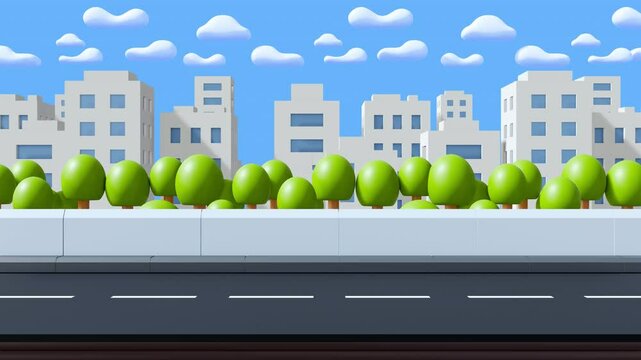 3d animation background for game. Seamless loop moving city landscape with asphalt road, buildings and trees in bright cartoon style.