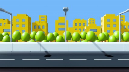 3d animation background for game. Seamless loop moving city landscape with asphalt road, buildings and trees in bright cartoon style. - Powered by Adobe