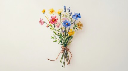 Obraz premium Watercolor design of a simple bouquet of wildflowers tied with twine.--ar 16:9