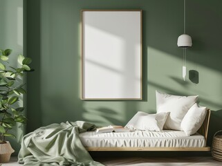 A minimalist bedroom interior with a green wall. a bed with white pillows. and a large blank canvas frame