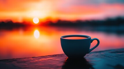 A coffee cup, with its surface reflecting the colors of a sunset, representing the end of a day and the beginning of a new chapter. . --ar 16:9 --v 6.1 Job ID: 060694e8-ecd4-4c51-843e-0970306e6bc4