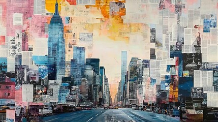 A mixed media collage of the cityscape, featuring newspaper clippings and photographs