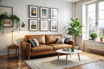Fototapeta premium Scandinavian Living Room Design: Brown Leather Sofa, Artwork Mockup, Aerial Photography