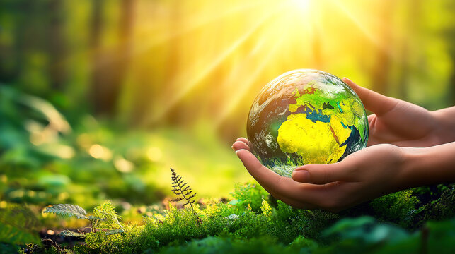 A glass globe of Earth held gently in hands, surrounded by nature. A serene image of a person's hands cradling a transparent globe of the Earth, positioned amidst a lush, green forest floor.