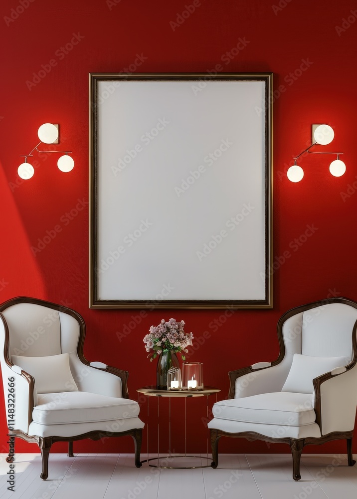 Poster two white chairs with a wooden frame face each other in front of a red wall with a large golden fram