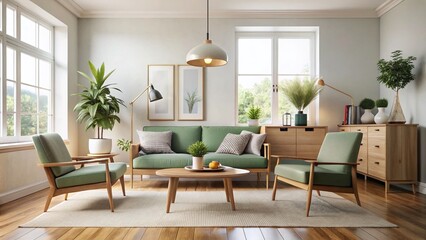 Fototapeta premium Scandinavian Mid-Century Modern Living Room: Minimalist Interior Design Inspiration