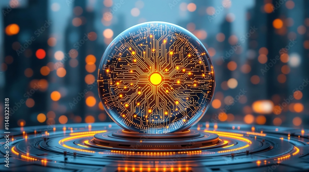 Poster futuristic spherical device with intricate glowing patterns on a dark high tech background