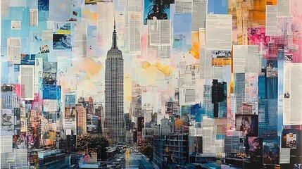 A mixed media collage of the cityscape, featuring newspaper clippings and photographs