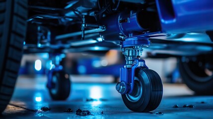 Fototapeta premium Close-up of blue chassis and wheels of a vehicle.