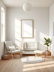 Fototapeta premium serene minimalist baby room with pastel-colored walls, light wood flooring, modern crib and frame mockup, cozy atmosphere with soft lighting