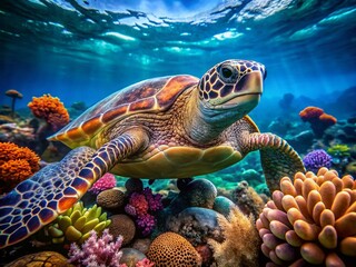 Fototapeta premium Sea Turtle Rescue: Underwater Coral Reef Ecology Photography
