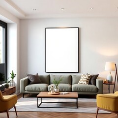 Modern Living Room Mockup: Stylish interior design with a large blank canvas for your artwork or design. Perfect for showcasing your brand.  