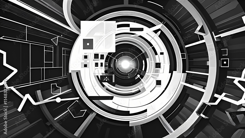Poster a futuristic black and white abstract design with circular patterns, digital elements, and a tech-in