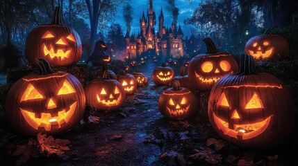 Illuminated jack-o'-lanterns lead to a spooky castle.
