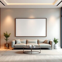 Modern Living Room Mockup:  A sleek and stylish living room with a large blank canvas above a plush sofa, perfect for showcasing your artwork, design, or brand.  