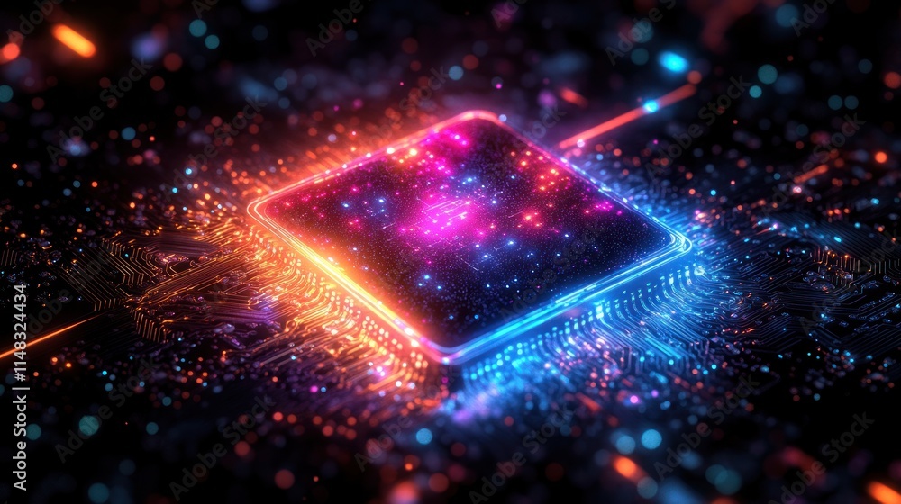 Poster glowing cpu processor on circuit board, digital technology concept.