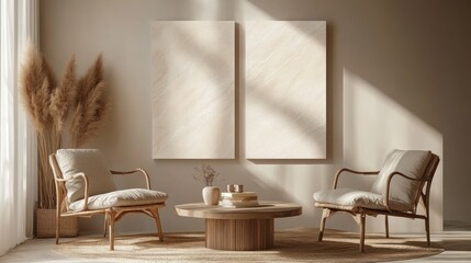 Two armchairs face a coffee table with pampas grass and blank canvases in a minimalist living room.