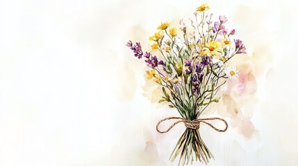 Obraz premium Watercolor design of a simple bouquet of wildflowers tied with twine.--ar 16:9
