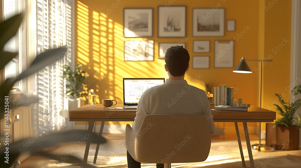 Poster man working from home in a sunlit office.