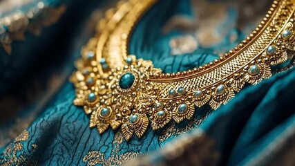 This image showcases elegant gold jewelry paired with vibrant turquoise fabric. Ideal for fashion or cultural themes, it highlights the beauty of traditional adornments. Generative AI