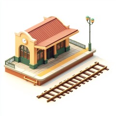 Isometric Icon of Cartoon-Style Train Station with Matte Finish and Round Edges on White Background