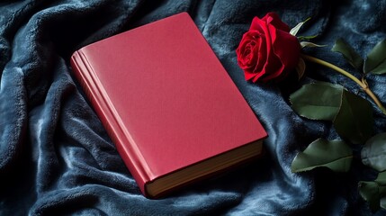 Red book hardcover book mockup rose wedding photobook, no text plain blank with velvet background	