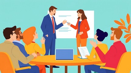 Business Meeting Illustration: A colorful and vibrant illustration depicting a diverse team engaged in a productive meeting, with a presenter and audience attentively listening.