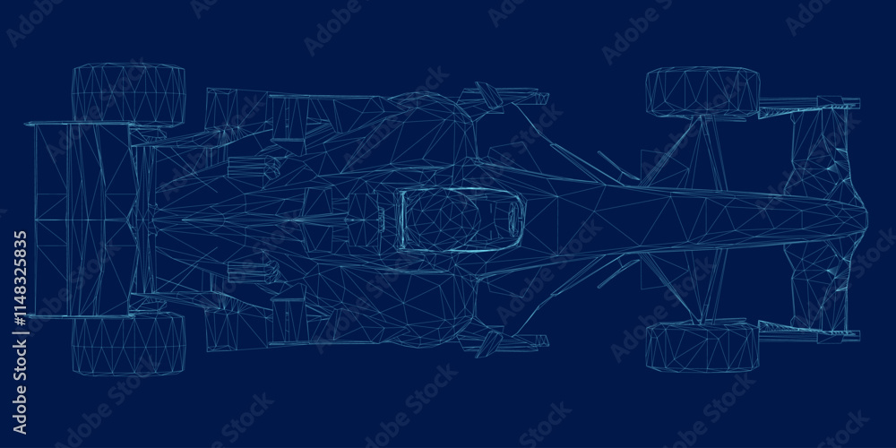 Poster wireframe of a f1 race car. formula 1 vector blueprint isolated on a blue background. top view. 3d