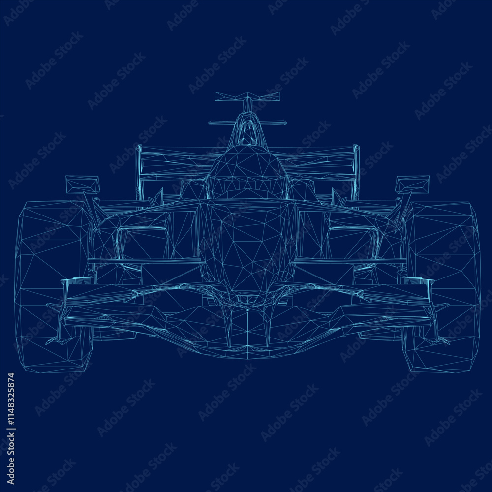 Poster wireframe of a f1 race car. formula 1 vector blueprint isolated on a blue background. front view. 3d