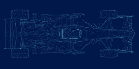 Wireframe of a F1 race car. Formula 1 Vector blueprint isolated on a blue background. Top view. 3D