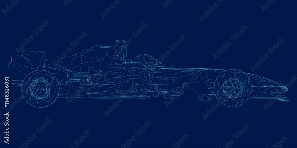 Poster wireframe of a f1 race car. formula 1 vector blueprint isolated on a blue background. side view. 3d