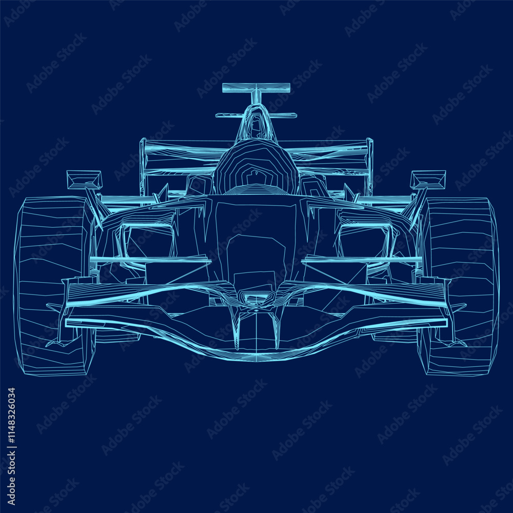 Poster contour of a f1 race car. formula 1 vector blueprint isolated on a blue background. front view. 3d
