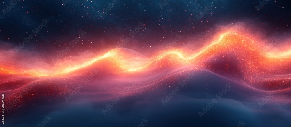 Poster glowing waves of energy flow across a dark, hazy landscape, creating a surreal and ethereal scene.