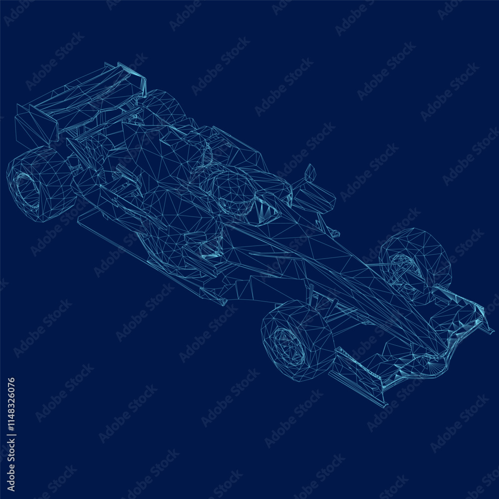 Poster wireframe of a f1 race car. formula 1 vector blueprint isolated on a blue background. isometric view