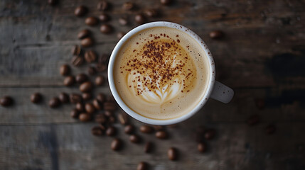 A close-up of a frothy cappuccino with latte art, served in a classic white cup on a rustic wooden table, with coffee beans scattered around.