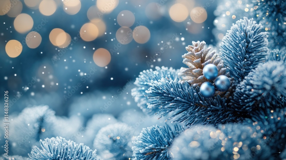 Poster snowy pine tree branch with pine cone and berries, bokeh lights background.