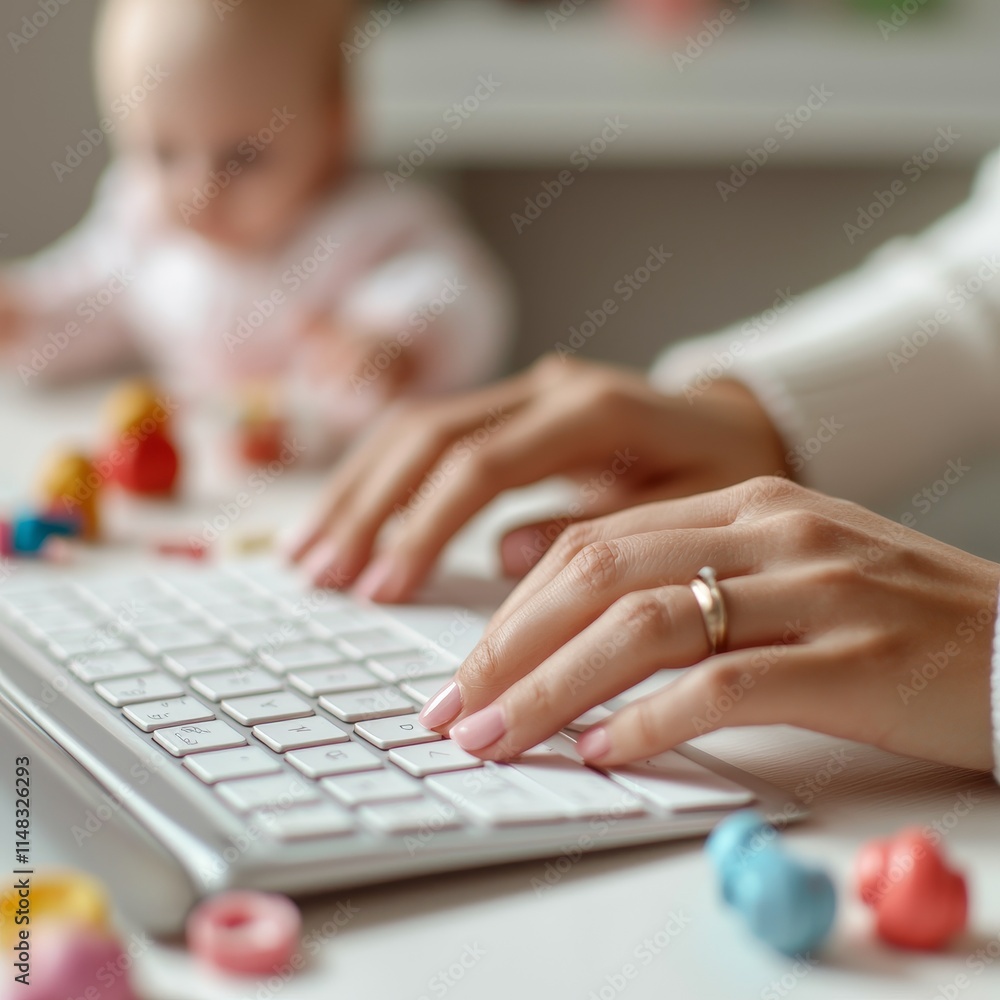 Poster busy working mom with multitasking concept. hands typing on a keyboard with toys in the foreground.